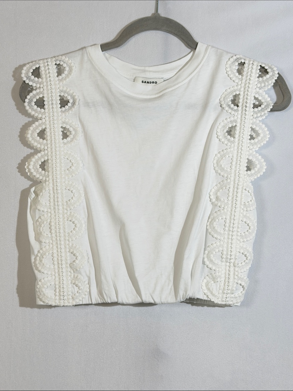 SANDRO White Embroidered Lace White Cropped Tee S